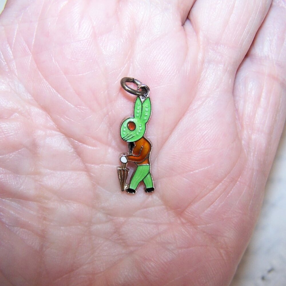 Vintage WELLS Sterling Silver Enamel Charm - Walking Rabbit with Umbrella